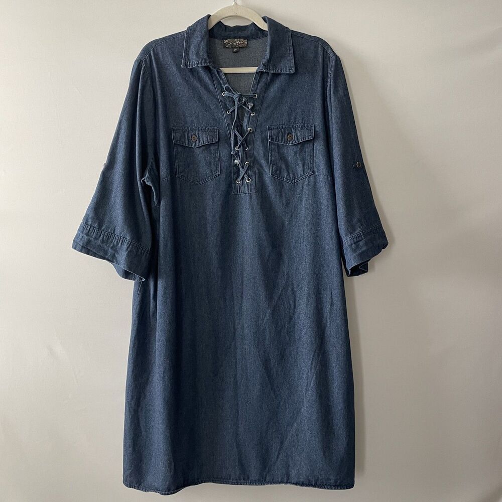 J Glee Denim Shift Dress Lace Up Collared 3/4 Sleeve Blue Size 2X